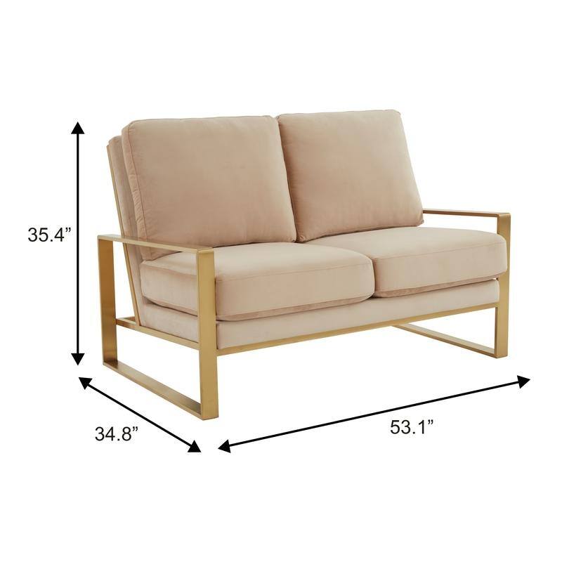 Jefferson Modern Two-Seater Velvet Loveseat with Brushed Gold Stainless Steel Base, Removable Cushions for Living Room or Lounge