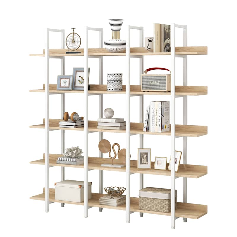 5 Tier Bookcase Home Office Open Bookshelf, Vintage Industrial Style Shelf, MDF Board, White Metal Frame