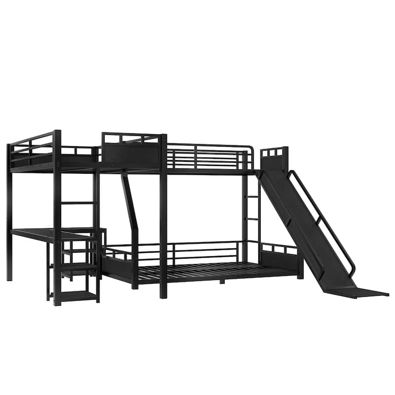 L-shaped Triple Bunk Bed with Loft Bed and Bunk Bed, Metal Storage Bed Frame with Integrated Desk, Open Shelves and Slide