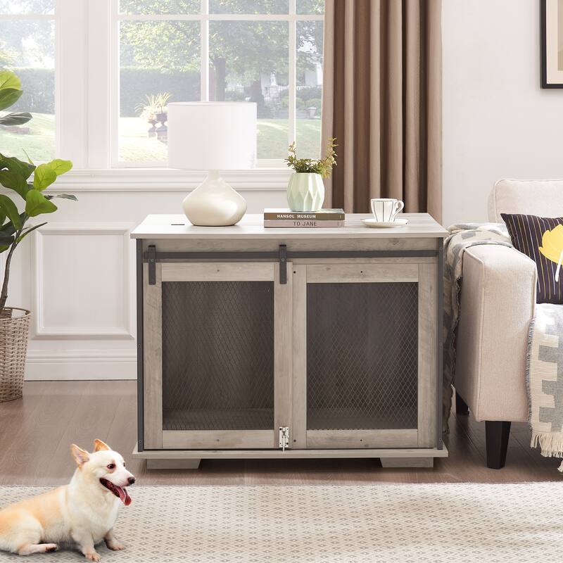 Wooden Dog Crate Furniture, Dog Kennel End Table with Sliding Barn Door, Dog Cage with Flip-top Plate & Detachable Divider
