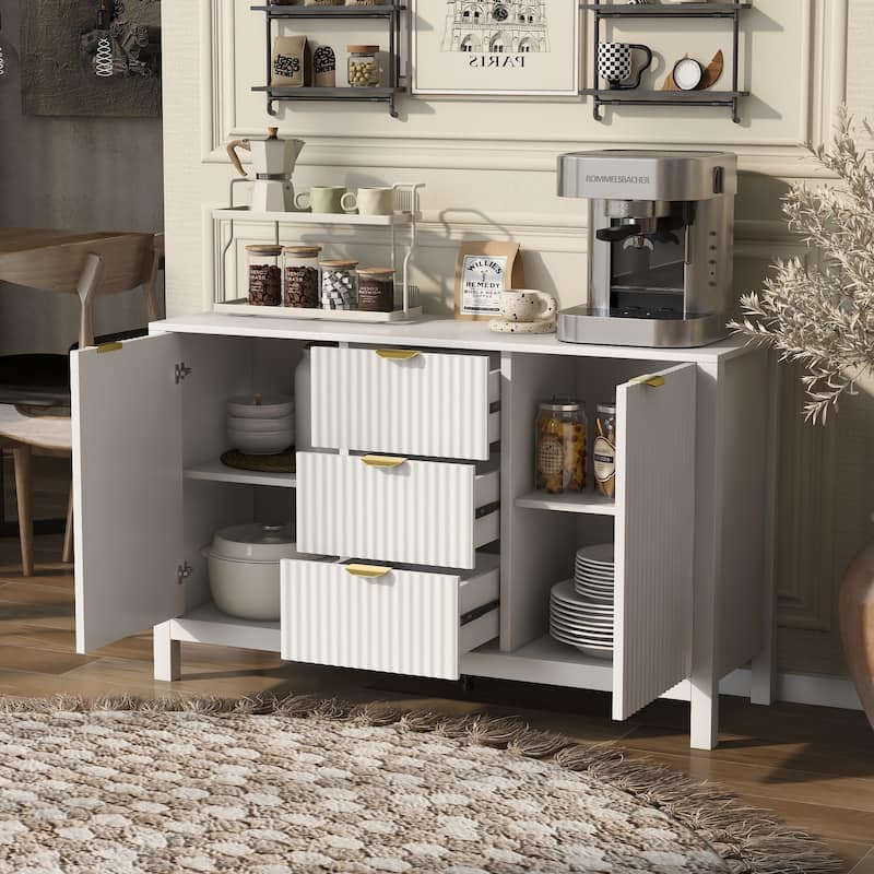 Roomfitters Modern Sideboard Buffet with Wave Design, 3 Drawers and Adjustable Shelves, Storage Cabinet with Gold Handles, White