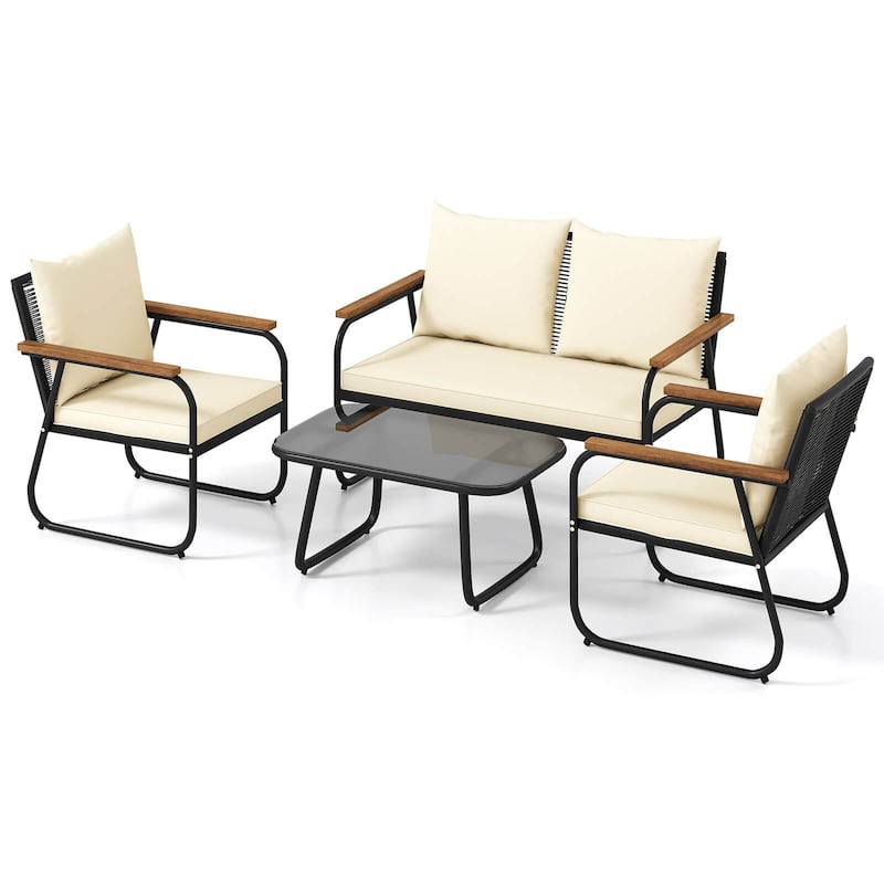 4/8 PCS Outdoor Conversation Set Wicker Patio Furniture Set w/ Cushion - 4-Piece