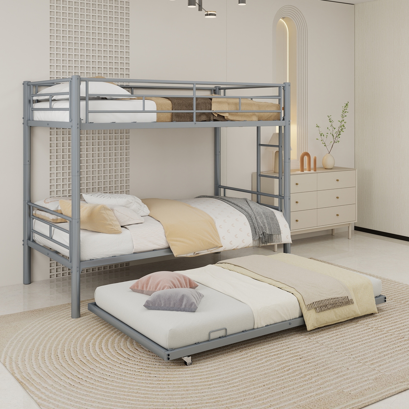 GDFStudio - Heavy-Duty Metal Twin over Twin Bunk Bed with Guardrail