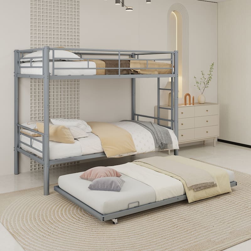 GDFStudio - Heavy-Duty Metal Twin over Twin Bunk Bed with Guardrail - Silver