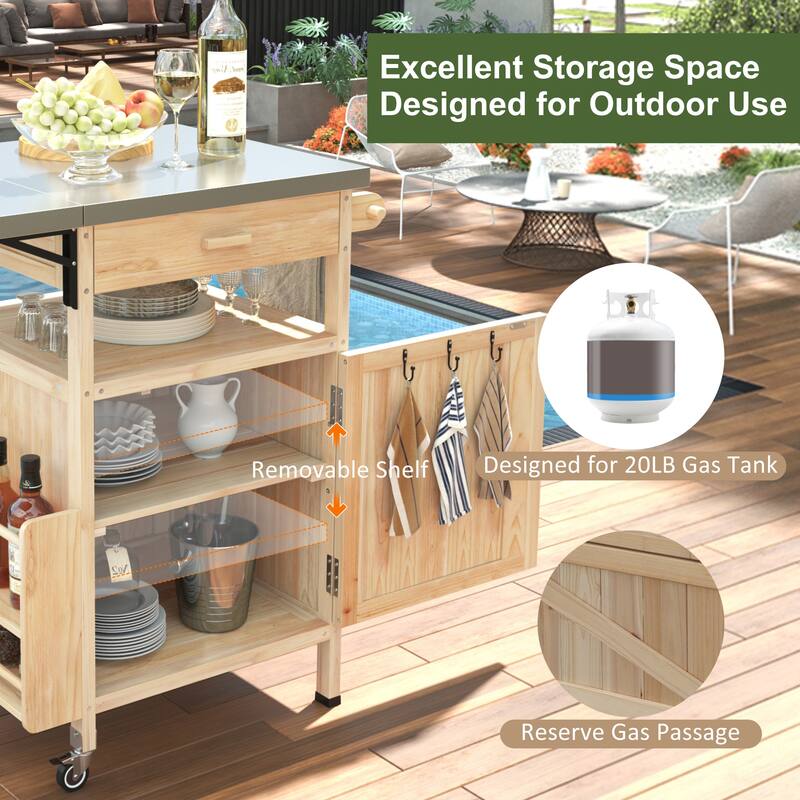 40.5" Outdoor Grill Cart With Stainless Steel Top(no include stool) - Natural