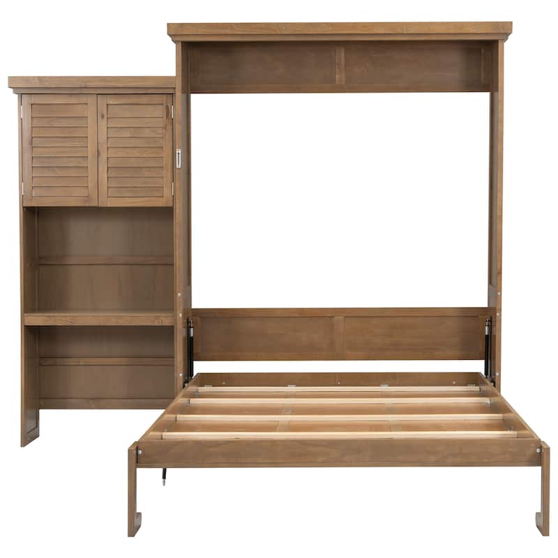 Queen Size Murphy Bed Wall Bed with Louvered Panel and Side Storage Shelves Space Saving Murphy Bed Pull Down Bed with Cabinets