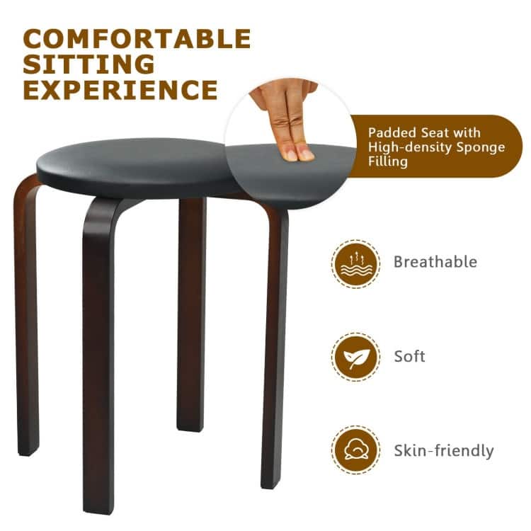 Set of 4 Bentwood Round Stool Stackable Dining Chair with Padded Seat - 15" x 15" x 18.5" (L x W x H)