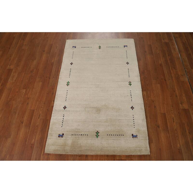 Tribal Beige Gabbeh Indian Foyer Rug Handmade Silk Carpet - 3'1"x 4'11"