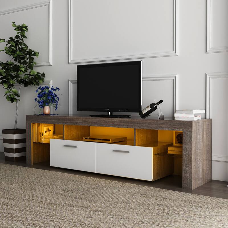 TV Stand with 3 Open Shelves, LED Color Changing Lights, Toughened Glass Shelf Floor Cabinet Floor TV Wall Cabinet
