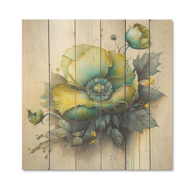 Designart 'Green Blooming Flower II' Floral Wood Wall Art - Natural Pine Wood