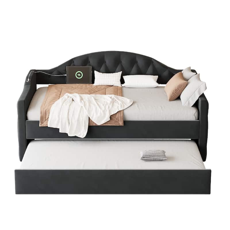 Tufted Upholstered Frame Daybed Velvet Sofa Bed with USB and Type-C Charging Ports, Twin Platform Low Profile Bed with Trundle