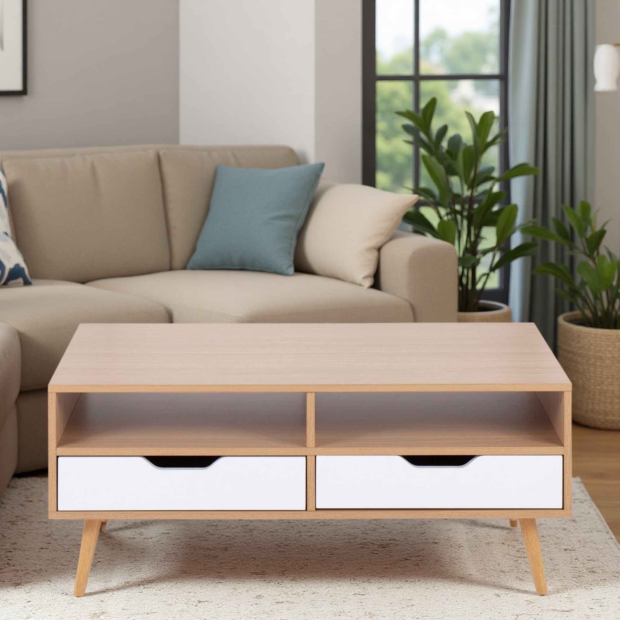 Contemporary Natural Wood Coffee Table with Pull-Out Storage Drawers & White Accents