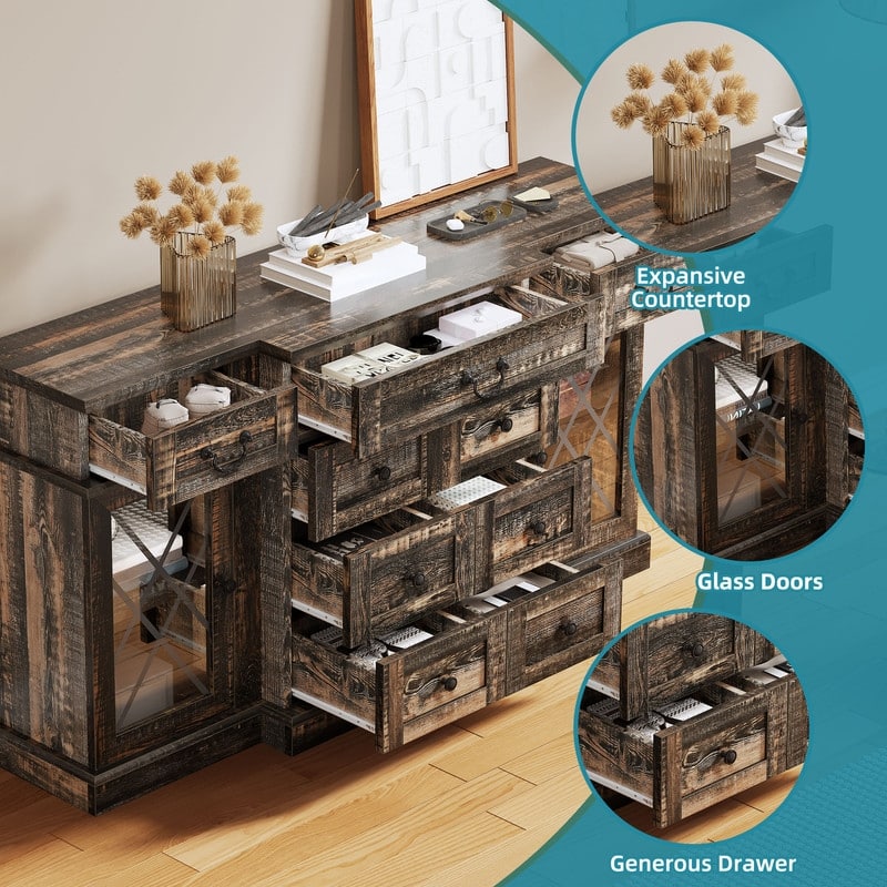 Moasis Farmhouse 59" TV Stands with 9 Drawers and Adjustable Shelves & Tempered Glass Doors