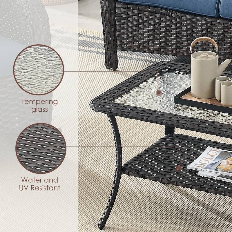 Outdoor Wicker Coffee Table with Glass Top