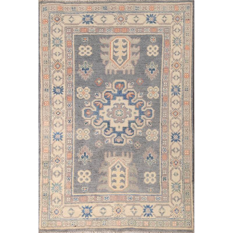 Geometric Gray Kazak Accent Rug Wool Carpet - 2'7" x 4'1"