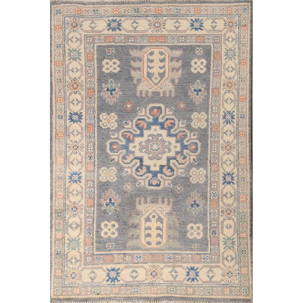 Geometric Gray Kazak Accent Rug Wool Carpet - 2'7" x 4'1"