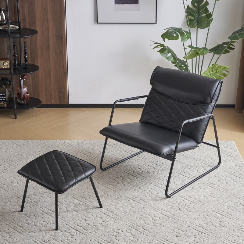 Modern Accent Chair with Ottoman Set Armchair with Black Metal