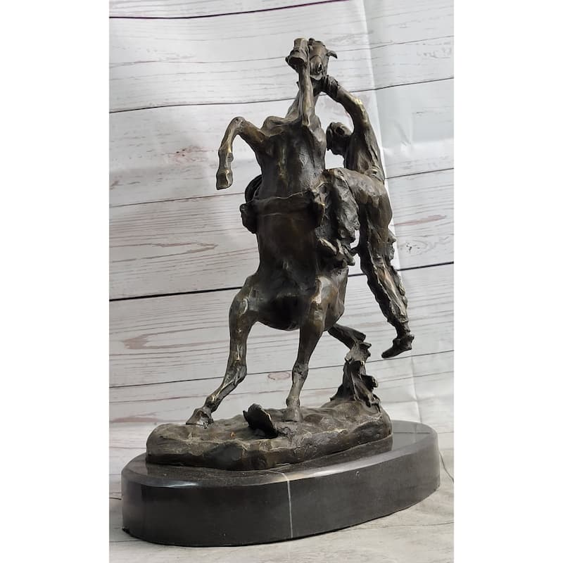 Cowboy Bucked Off Rearing Horse Bronze Sculpture Statue Country Western Decor Marble Base