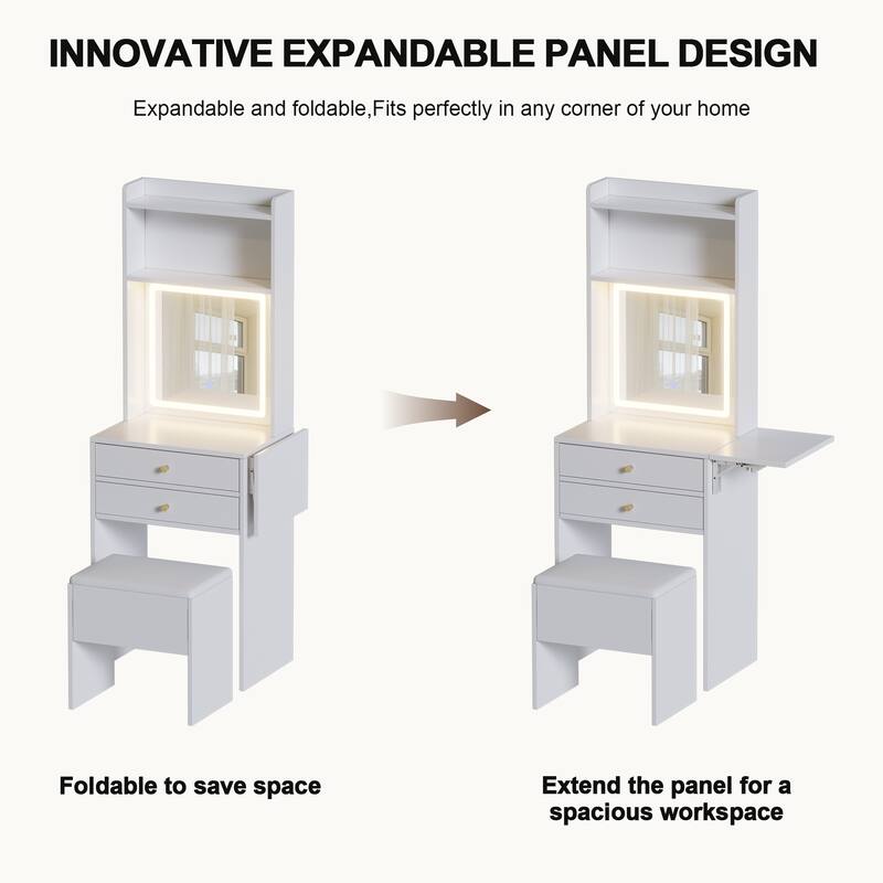 Vanity Table Set w/ 3 Adjustable Lighted Mirror,Chair,Fold-up Panel