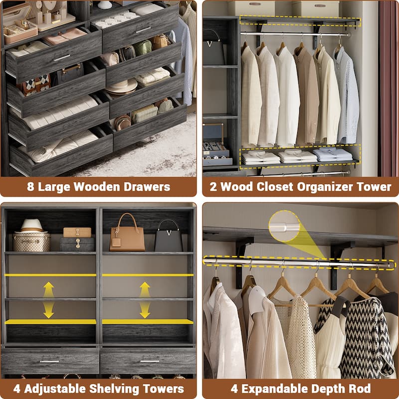 Set of 2 Closet System with Wooden Drawers and Hanging Rods, Closet Organizer with Adjustable Storage Shelves