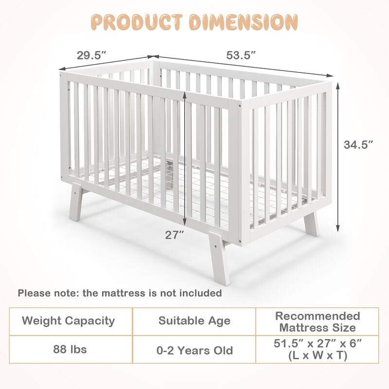Gymax Wooden Baby Crib 3-Height Adjustable Wood Mini Crib Non-Toxic