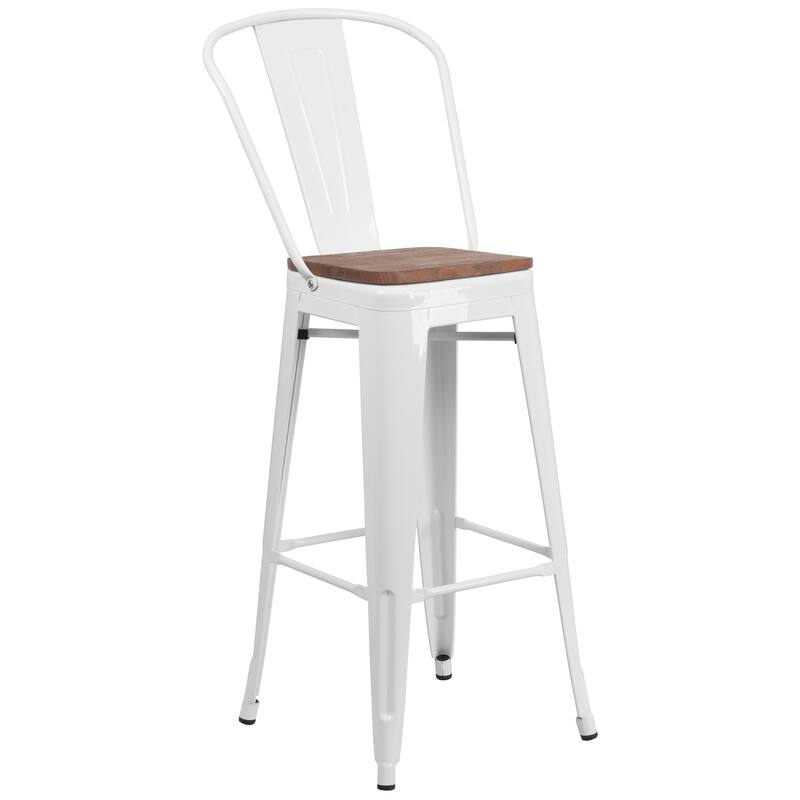 30" High Metal Barstool with Back and Wood Seat - 17.75"W x 20"D x 45.25"H