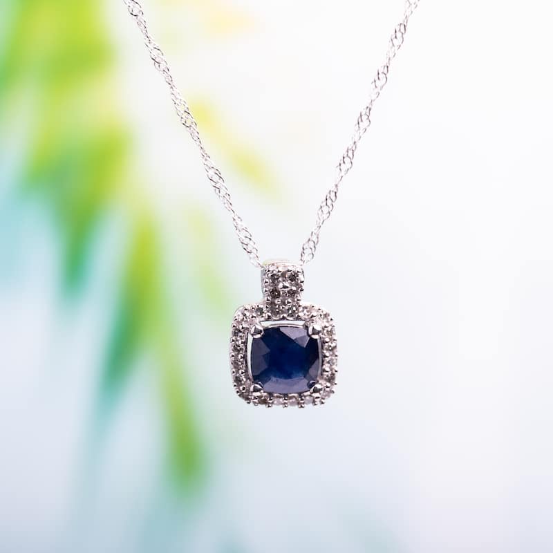 Miadora 10k White Gold Sapphire and 1/10ct TDW Diamond Square Halo Necklace - Blue
