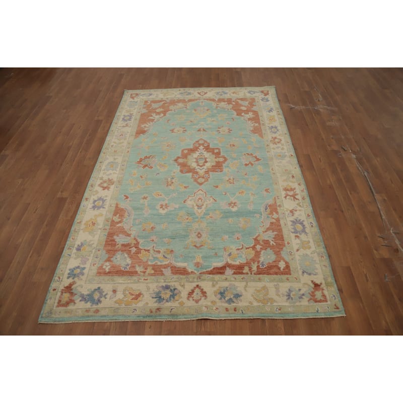 Hand Knotted Oriental 100% Wool Carpet Transitional Floral Navy Blue & Blues Oushak Area Rug - 7' 11'' X 5' 1''