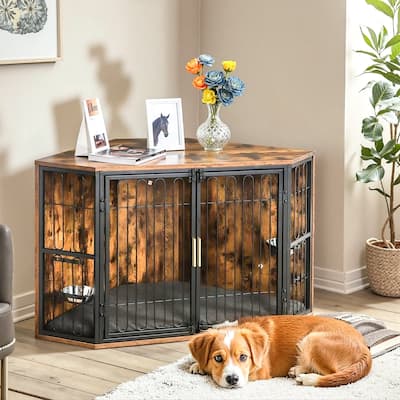 Corner Dog Crate Furniture, Wooden Dog Kennel Furniture End Table, Wood Pet House Dog Cage Crate