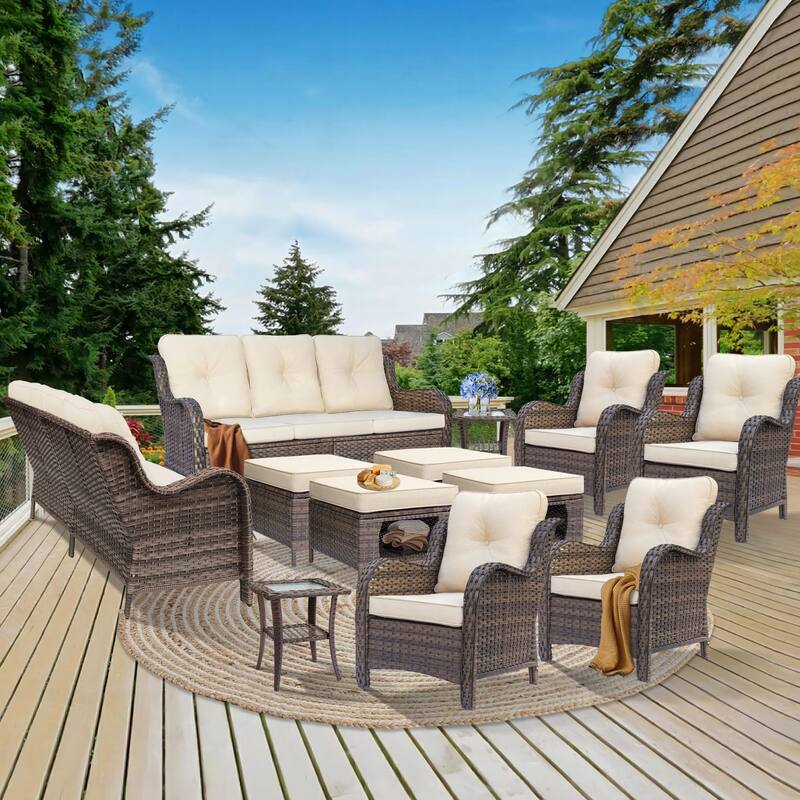 Outdoor Brown Wicker Patio Furniture Seating Sets with Beige Cushions - 12 Piece