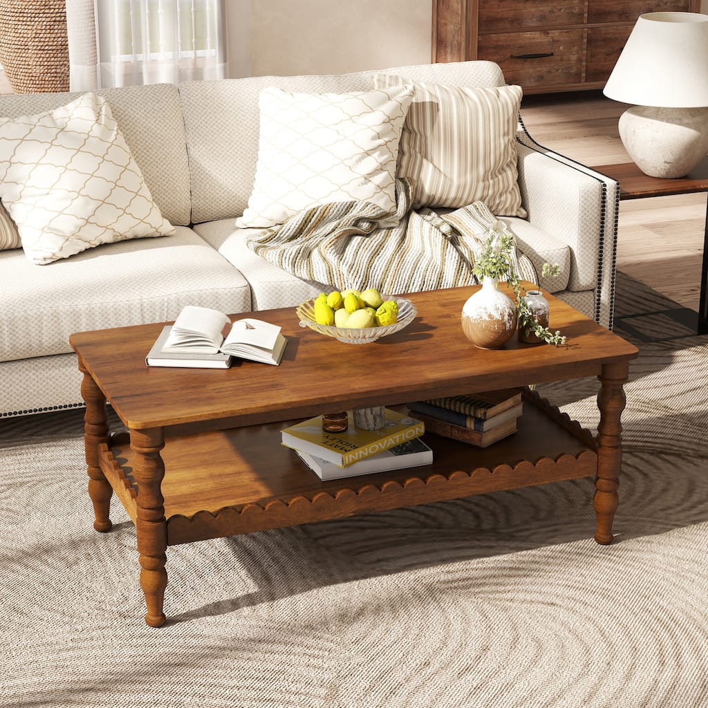 Rectangle Coffee Table Solid Wood Coffee Table with Storage Shelf,Farmhouse 2-Tier Center Table Lacquered Classical Legs
