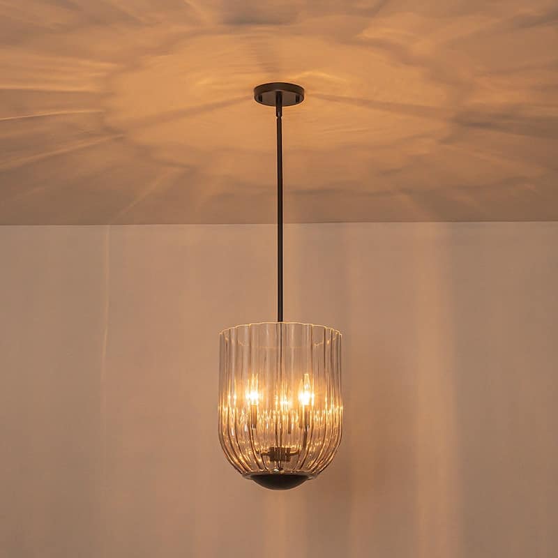 Modern Candle Style Round Reeded Taper Glass Shade Pendant 11in