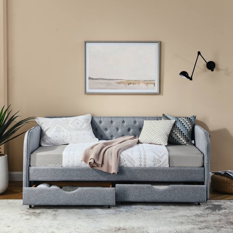 Grey Twin Size Upholstered Daybed with Trundle and Two Storage Drawers