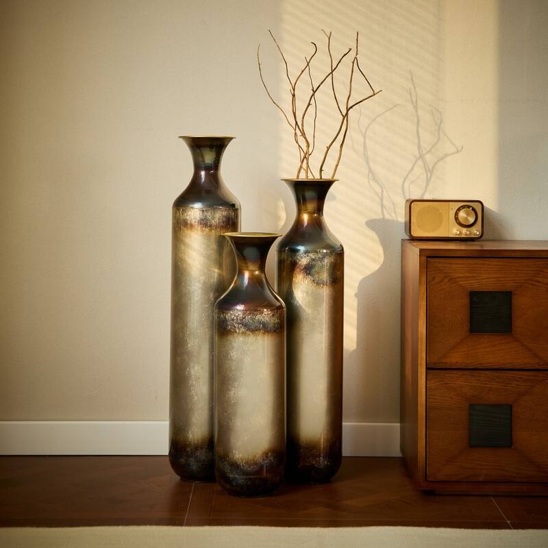 Large White Droplet-Shaped Glazed Metal Floor Vase Set (3-Piece) ，Modern Home Decor for Living Room, Entryway & Office