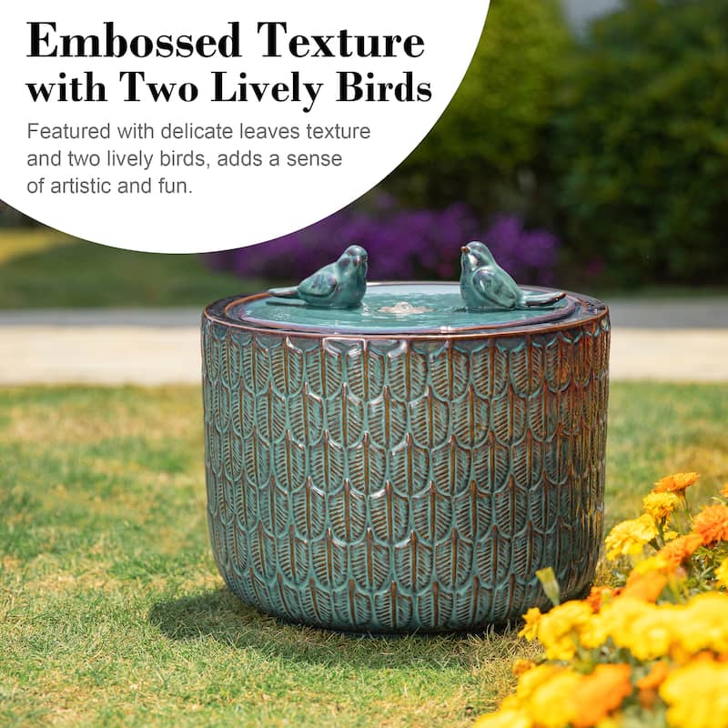 Glitzhome 15"H LED Ceramic Birdbath Outdoor Fountain with Two Birds & Leaf Pattern