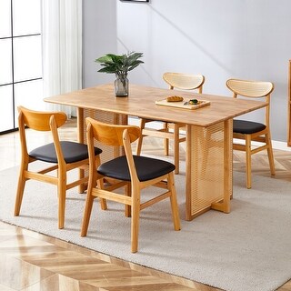 Ancient Style 5-Piece Dining Table Set - Solid Wood with Rattan Legs ...