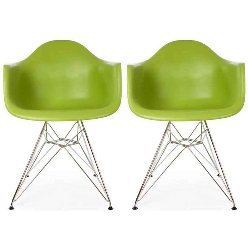 Plastic Eiffel With Arm Chairs Chrome Wire Legs (Set of 2) - Green