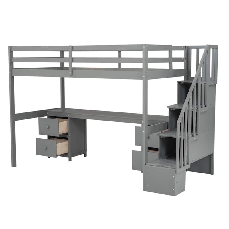 Twin Loft Bed with Built-in Desk and Double Storage Drawers, Gray