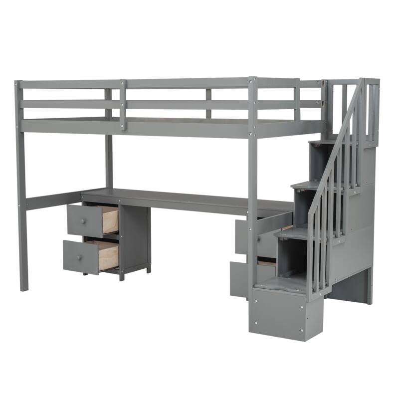 Twin Size Solid Wood Loft Bed with Built-in Desk and Double Storage Drawers