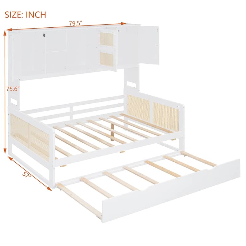 Wooden Twin/Full Daybed with Trundle Bed, Storage Shelves and Cabinet, No Box Spring Required, Rattan Design