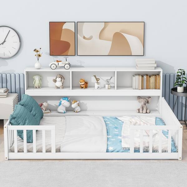 slide 2 of 18, Full Size Pine Wood Floor Bed with Bookcase and Guardrails Full - White