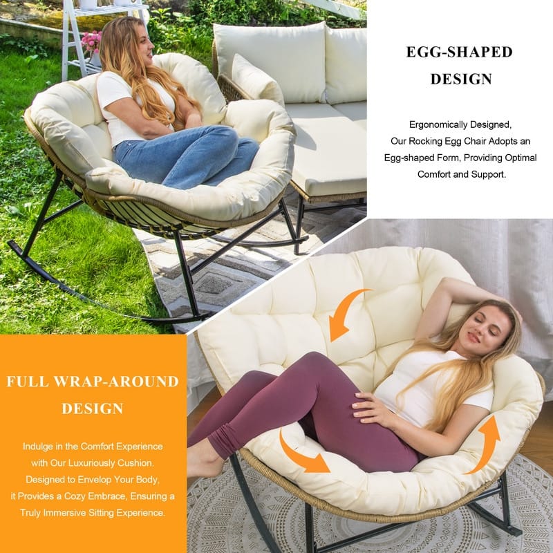 7-Piece Outdoor Boho Patio Furniture Set with Papasan Rocking Chair, Wicker Sectional Conversation Set with Ice Bucket Table