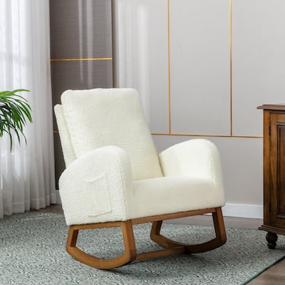 Glider Rocking Chair with Padded Seat, Lounge Sofa Chair with Solid Wood Legs, High Back Armchair with Side Pocket