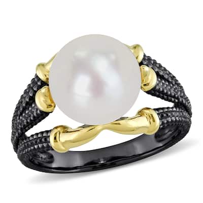 Miadora Mens 10.5-11 mm White Cultured Freshwater Pearl Ring in Yellow and Black Silver