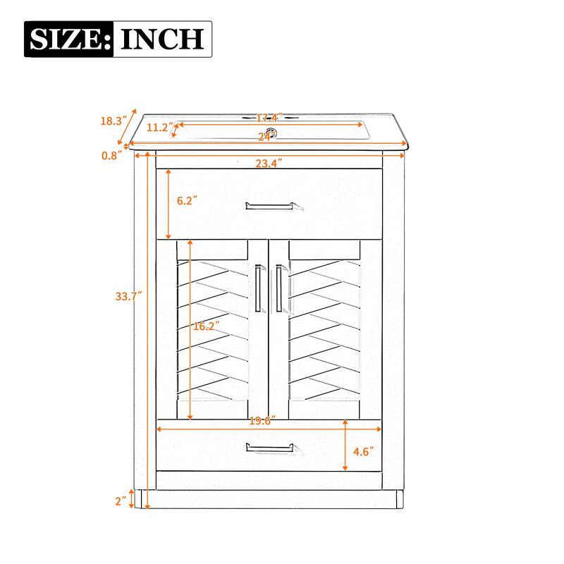24" Bathroom Vanity with Integrated Ceramic Sink, Bathroom Cabinet with 2 Doors, 1 Tip-out Drawer, Single Sink Bathroom Vanity