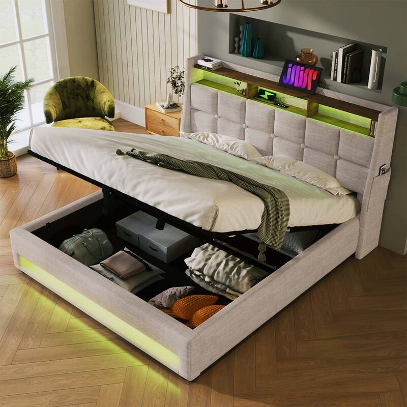 Vintage Design Platform Bed with Hydraulic Storage,LED, and USB Charging,(Mattress Not Included)