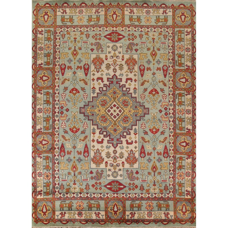 Tribal Green Geometric Heriz Serapi Area Rug Hand-Knotted Wool Carpet - 7'11"x 9'10"