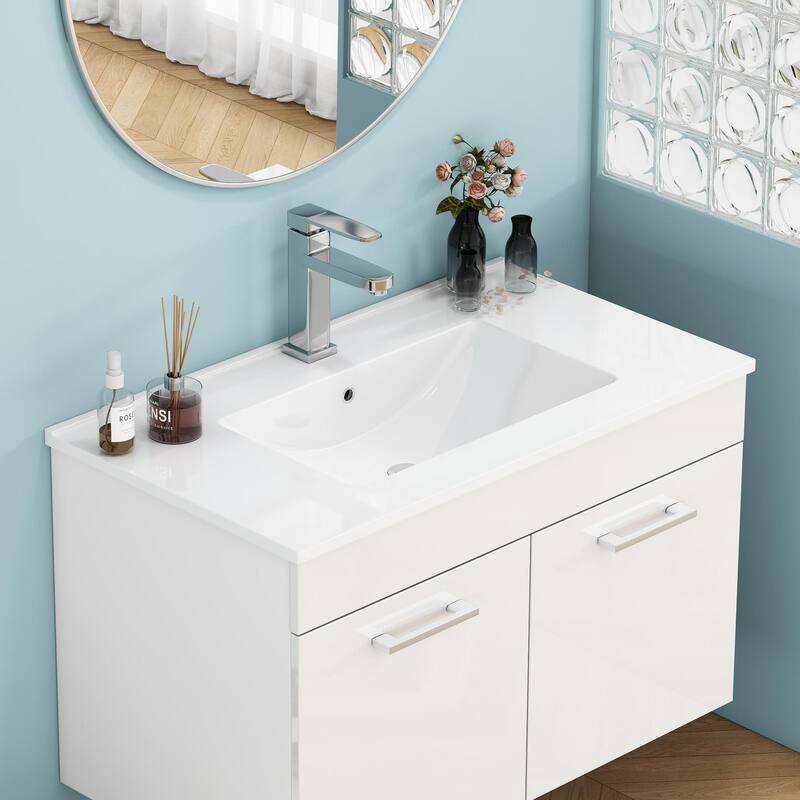 Anmytek 24-Inch White Ceramic Bathroom Sink Fits 32-Inch Vanities Pre-Drilled Faucet Hole Space-Saving Easy to Clean