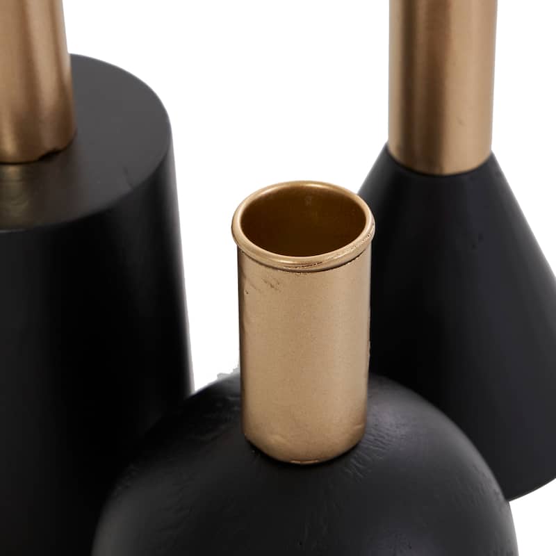 Wood Geometric Candle Holder with Varying Shapes and Gold Accents - Set of 3 Black - Roche River Decor - 3"W x 3"L x 7"H