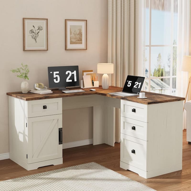 Executive L Shaped Home Office Computer Desk with File Drawers